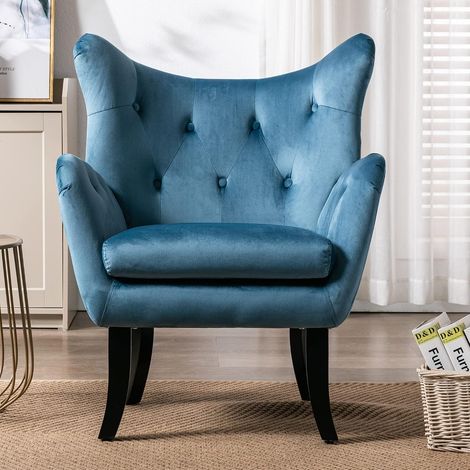 Mid Century Modern Upholstered High Back Armchair with Wooden Legs and Velvet for Living Room, Bedroom, Home Office (Blue) (1/5)