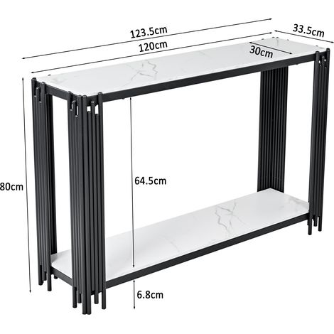Console d'entrée design, table étroite avec 2 tablettes, finition marbre blanc, cadre en acier noir, meuble décoratif pour entrée, salon ou chambre - Hauteur 80 cm, Longueur 123,5 cm, Profondeur 33,5 (1/5)