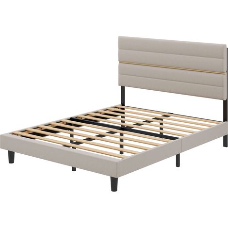 Lit 2 Places Rembourré, Cadre en Bois Massif et Métal, Tête de Lit Ajustable, Chambre Moderne, Beige (1/5)