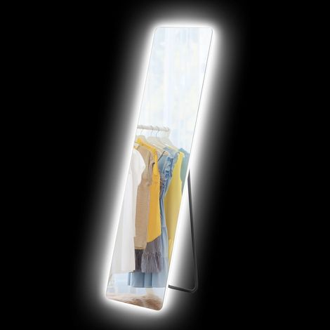 Espejo de cuerpo entero, espejo de pie de 150 x 40 cm con iluminación LED, 3 colores de luz, espejo de pared con soporte, interruptor táctil para dormitorio, salón, transparente