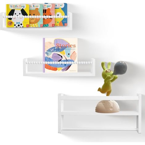 Lot de 3 étagères Murales Flottantes pour Chambre d'enfant, avec Design de Perles en Bois, pour Le Rangement des Décorations de Bébé, en Pin Massif, 40cm(Blanc) (1/5)