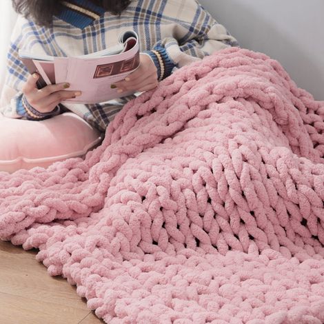 80x100CM Hand Woven Chenille Blanket for Couch and Bed,Pink (1/5)