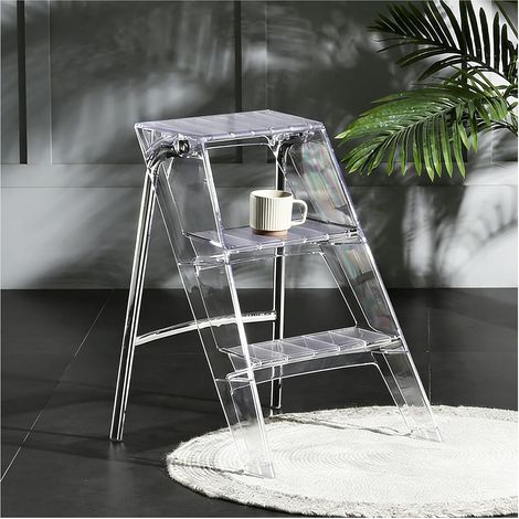 Escabeau 3 marches Pliable, Échelle en Acrylique Transparent, Marchepied Décoratif Moderne, Escabeau léger jusqu'à 150 kg Tabouret pour Maison et Bureau (1/5)
