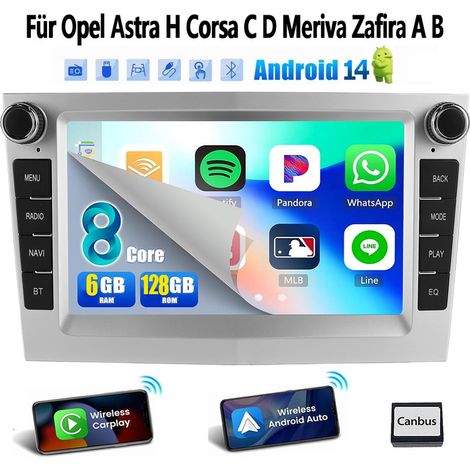 Autoradio Android 14 Carplay 4G GPS 6+128G pour Opel Astra H Vectra Corsa C D Bluetooth EQ USB GPS Navi WIFI Écran tactile - 6+128G Argent (1/5)