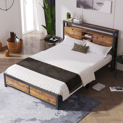 Metallbett 140x200 cm Naturfarben aus Metall und Holz mit Stauraum-Kopfteil und Unterbett-Stauraum (1/5)