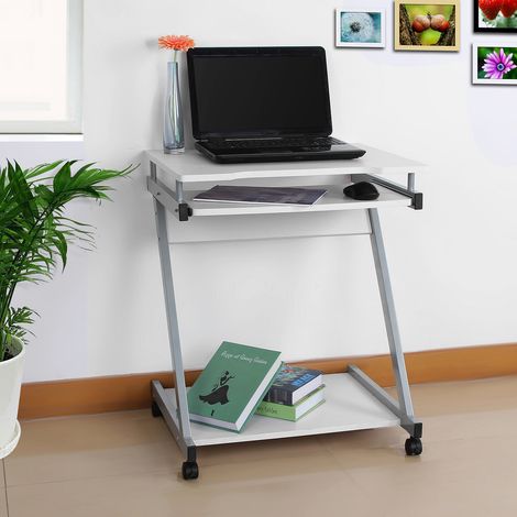 Bureau Informatique à Roulettes avec Support Clavier, Table Compacte, 60 x 48 x 66,5 cm, Blanc et Gris (1/5)