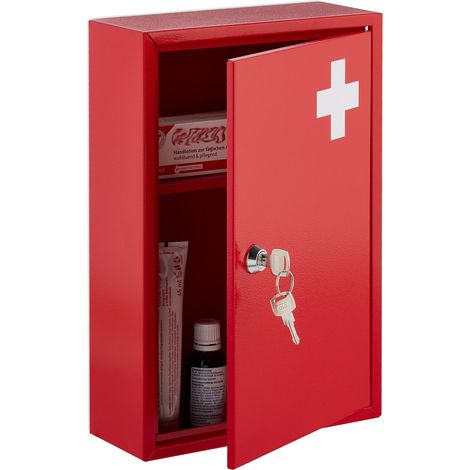 Relaxdays Medicine Cabinet, Lockable, 2 Compartments, HxWxD: 32 x 21.5 x 9.5 cm, Wall Mount, First Aid, Metal, Red/White