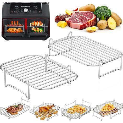 Grille Air Fryer Stackable, 2 Pcs Accessoires Air Fryer Chaud Dual Zone, Accessoires pour Friteuse à air En Acier Inoxydable 304 Compatible avec Ninja Foodi Dual, Cosori Twinfry et Autres (1/5)
