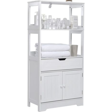Mondeer – Meuble de salle de bain blanc 60 x 30 x 121 cm – 2 étagères ouvertes, 1 tiroir, 2 portes – MDF écologique, finition résistante à l'eau