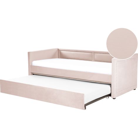 Cama con somier de pana beige rosa salmón 90 x 200 cm tachuelas invitado Mimizan (1/5)