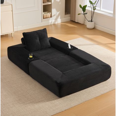 Divano letto pieghevole in corduroy nero 122/198 cm con portabicchieri, tasche laterali e braccioli rimovibili (1/5)