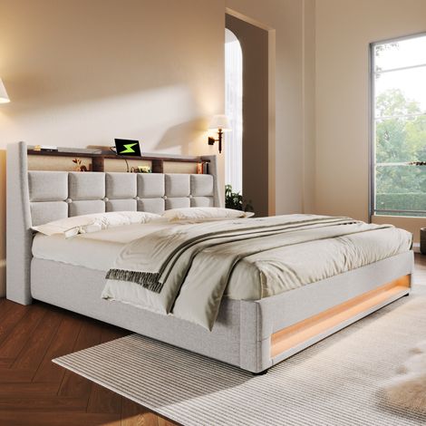 Letto imbottito vintage moderno 160x200 cm beige, con testiera USB, LED, vano contenitore e rete a doghe (1/5)