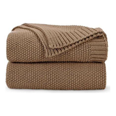 Plaid marron caramel, doux et confortable, en maille torsadée, pour lit, canapé et salon, 127 x 152 cm, marron clair (1/3)