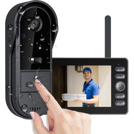 Sonnette sans Fil Extérieur Étanche avec Caméra, Visiophone sans Fil Écran 4.3 Pouces, Interphone Vidéo 1080P sans WiFi ni Application, 170° Grand Angle, Audio Bidirectionnel, Vision Nocturne (1/5)