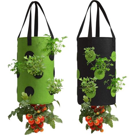 Set aus 2 hängenden Erdbeer-Pflanzkästen mit mehreren Abflusslöchern, 3 Gallonen (ca. 11,4 Liter), schwarz und grün, für Balkon und Garten