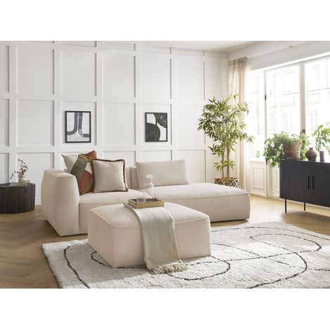 BOBOCHIC - Canapé droit fixe 3 places LEOPOLD tissu chiné avec pouf Accoudoir gauche  Beige (1/5)