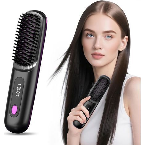 Brosse lissante avec écran LCD (Chauffe rapide en céramique MCH) – Lisseur sans fil rechargeable par USB – Mini brosse lissante portable pour la maison et les voyages – Noir