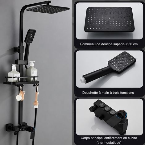 Colonne de douche thermostatique noire tube carré 3 touches noir réf 8858 67,5 × 33,5 × 12,5 cm 3,5 kg – Livraison gratuite