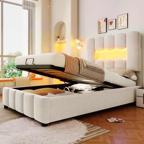 Lit rembourré 90x200 cm avec LED, sommier à lattes inclus, rangement hydraulique, tête de lit réglable, velours beige sans matelas (1/5)