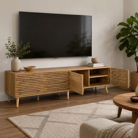 Meuble TV 180 x 40 x 46 cm pour téléviseur jusqu’à 75 pouces, 4 portes, façades ajourées et passe-câbles, MDF et panneaux de particules, naturel (1/5)