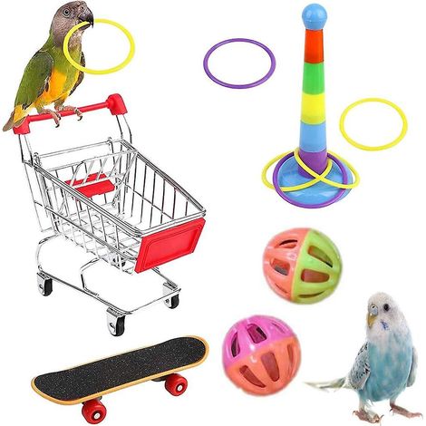 Ensemble de jouets colorés pour perroquet comprenant un panier, un anneau d'entraînement, un skateboard et une clochette - 5 pièces (1/5)