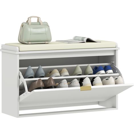 Panca Scarpiera con Ripiano Interno, e Tessuto Effetto Lino, 80x26x47.5 cm, Bianca e Beige (1/5)