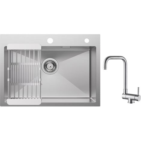 Cecipa Évier de Cuisine 1 Bac 60×45×18CM Évier Cuisine Acier Inoxydable 304 Brossé avec Panier de Drainage + Robinet Cuisine Rabattable Mitigeur de Evier Repliable Brossé (1/5)