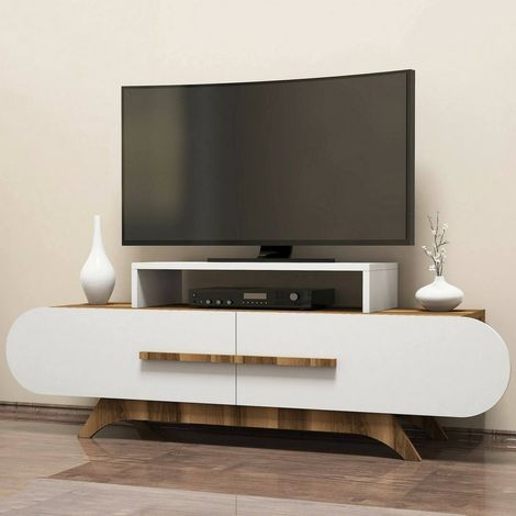 Dmora - Mueble de televisión Dkastano, Aparador de salón, Mueble bajo para TV, Base de pared equipada, 145x37h50 cm, Nogal y Blanco (1/4)
