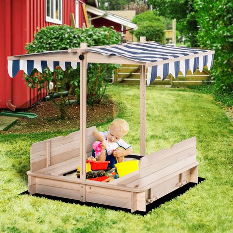 Bac sable bois enfants auvent solaire banc couvercle 106x106x115cm, blanc bleu
