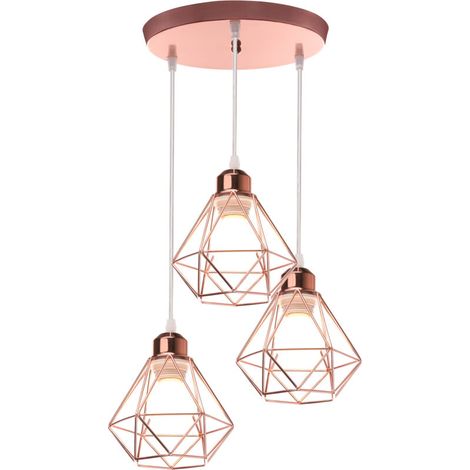 Rétro Vintage Suspension Lustre Industrielle Cage en Métal Fer Luminaire en Barre 3 Lumières Doré Rose (1/4)