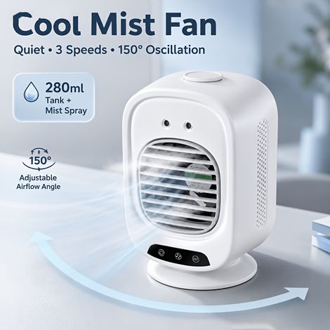 Ventilateur portable USB brumisateur 2-en-1 rechargeable, 3 vitesses, oscillation 150°, format compact pour maison et bureau (1/5)