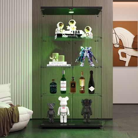 Vitrine 2 porte avec LED – 4 compartiments – Dimensions 80 x 36,5 x 164 cm – Panneaux en mélamine – Étagères en verre