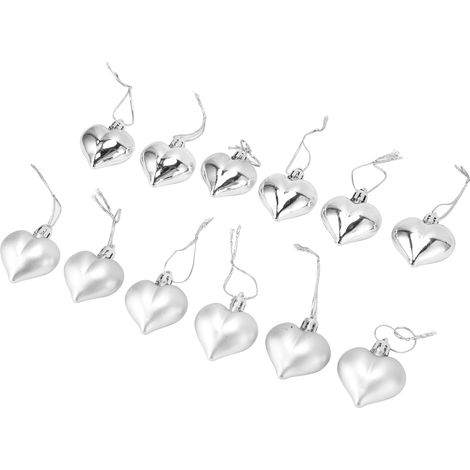 Set mit 12 herzförmigen Weihnachtsdekorationen, silberne Ornamente für Baum und Kranz. (1/5)