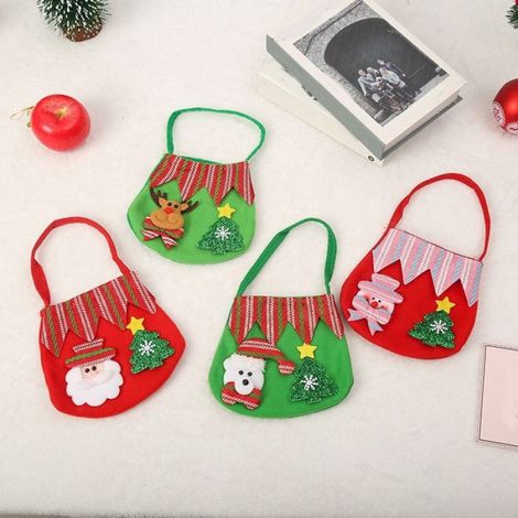 Sac Cadeau Noel - Imprimé Père Noël Renne Étoiles - Tissu - 27x18 cm - Pour Bonbons et Petits Cadeaux - Lot de 8 (1/5)