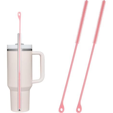 2pcs Brosse de Nettoyage Paille en Silicone, 24cm Brosse Réutilisable Extra Longue pour Métal Verre Outil Nettoyage Flexible pour Bouchon de Bouteille Fentes Tuyaux Tubes (Rose) (1/5)