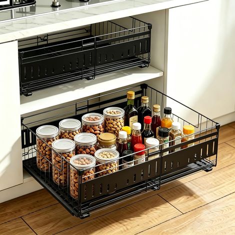 Lot de 2 Tiroir Coulissant pour Cuisine, Tiroir Télescopique avec Tapis de Tiroir inclus, Largeur Réglable de 33 à 51 cm, Organizer pour Placard de Cuisine sans Perçage, (Noir) (1/5)