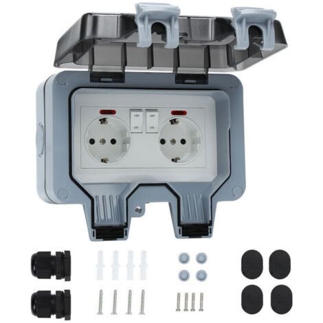16A IP66 Waterproof Outdoor Socket, Double Power Outlet with Protective Shutter, Garden Wall-Mounted Power Strip, Dustproof and Windproof Socket with Switch and Indicator Light
