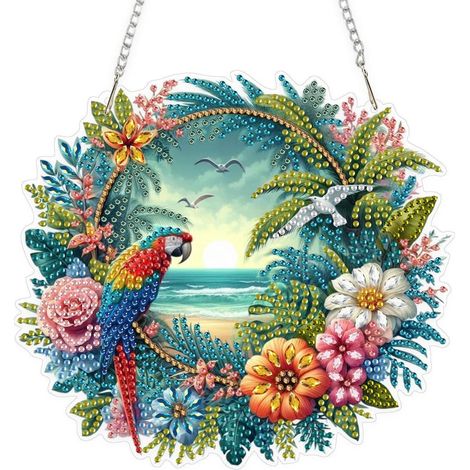 Diamantmalerei Fensterbild Papagei mit Blumen und Meerblick, DIY Anhänger mit Kette
