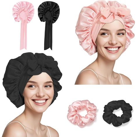 JeiibrZui Lot de 2 bonnets de nuit en soie - Bonnet en satin ajustable avec élastique - Bonnet de protection doux pour les cheveux - 40 cm de diamètre - Comprend 2 bandeaux - Noir (1/5)