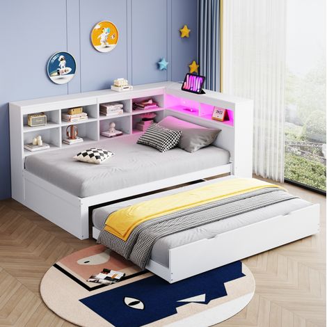 Cama nido individual con LED USB almacenaje blanca OKMYHOME (1/5)
