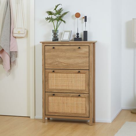 En bois bois naturel ChiMi - Meuble à chaussures étagère à chaussures armoire 3 portes abattants effet cannage rotin