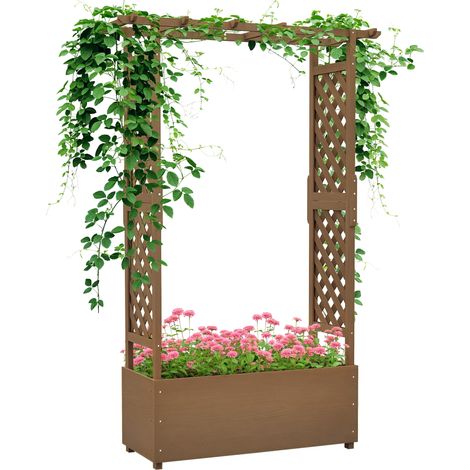 Pflanzkasten mit Rankgitter und Bogen, Blumenkasten mit Abflussloch für Kletterpflanzen, 112 x 41 x 180 cm, braun (1/5)
