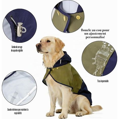 Manteau de Pluie Chien, Manteaux Imperméables Chien Capuche Réglable Patte Élastiques Veste Imperméable Respirante Chien Taille Petite Moyenne Grande (L) (1/4)