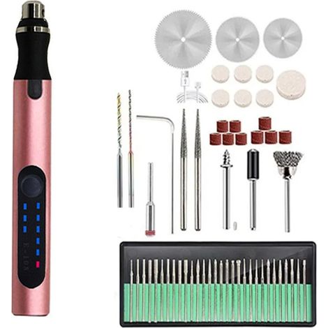 Stylo à graver électrique, 3 vitesses réglables, kit d'outils de gravure sans fil rechargeable, 59 pièces (rose) (1/5)
