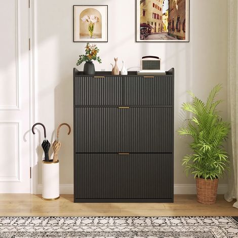 Schuhschrank aus Holz 80x24x110 cm, Flurmöbel, Schuhkipper mit 2 Schubladen und 2 Klappen, modernes skandinavisches Design, Schwarz