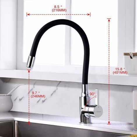 Mitigeur Évier avec Bec Flexible, Robinet de Cuisine, Cuisine Mitigeur Flexible Rotative à 360°, Chrome, Noir (1/4)