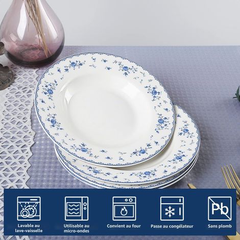 Lot de 4 Assiette Creuse en Porcelaine, 21.8cm Assiettes à Pâtes Bleu et Blanc, Bols à Soupe Blanche (1/5)