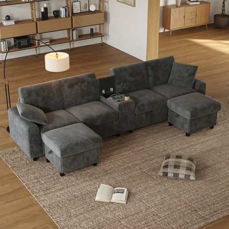 Canapé en U 4 places avec rangements poufs ports USB Type C et prises en velours côtelé gris 315x135x81 cm (1/5)
