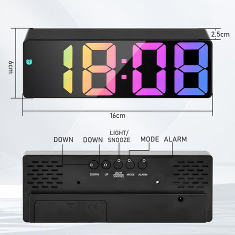 Réveil numérique LED JeiibrZui - Grand écran avec affichage de la température - 16 x 6 x 2,5 cm - Alimentation USB ou piles - Veilleuse noire pour chambre et bureau (1/5)
