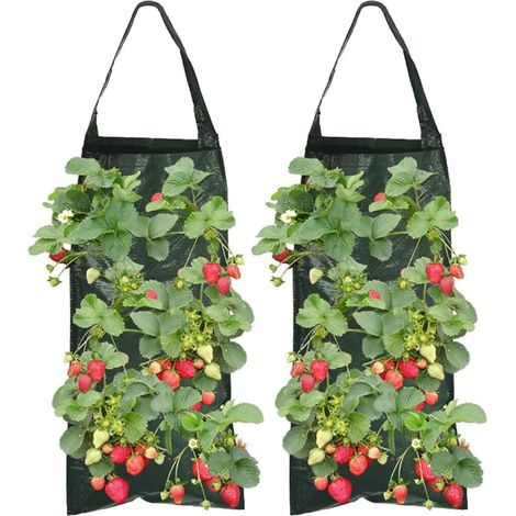 Lot de 2 sacs de plantation pour fraisiers à 8 trous, résistants et respirants, à suspendre, avec poignées pour plantes/herbes aromatiques/fleurs (1/5)